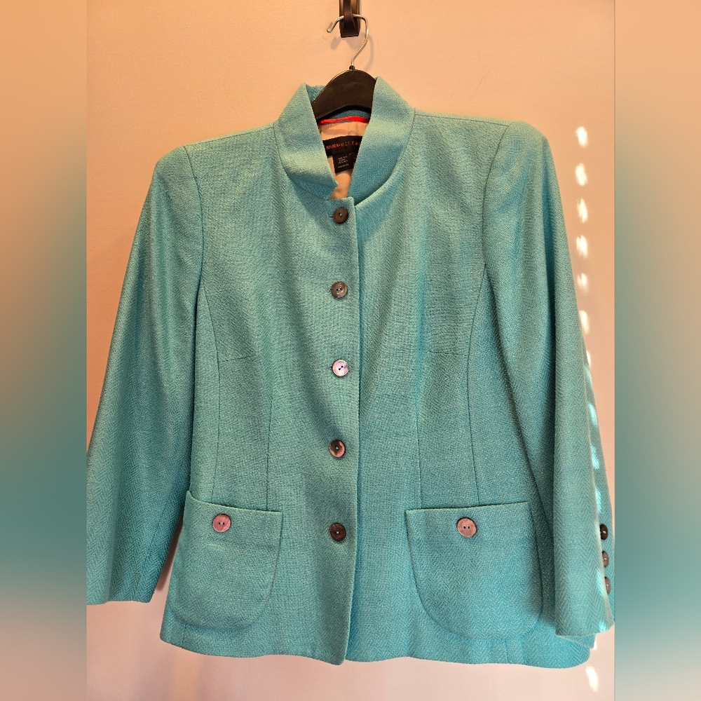 Size 12 Nina McLemore robins egg blue silk blazer with pearl buttons